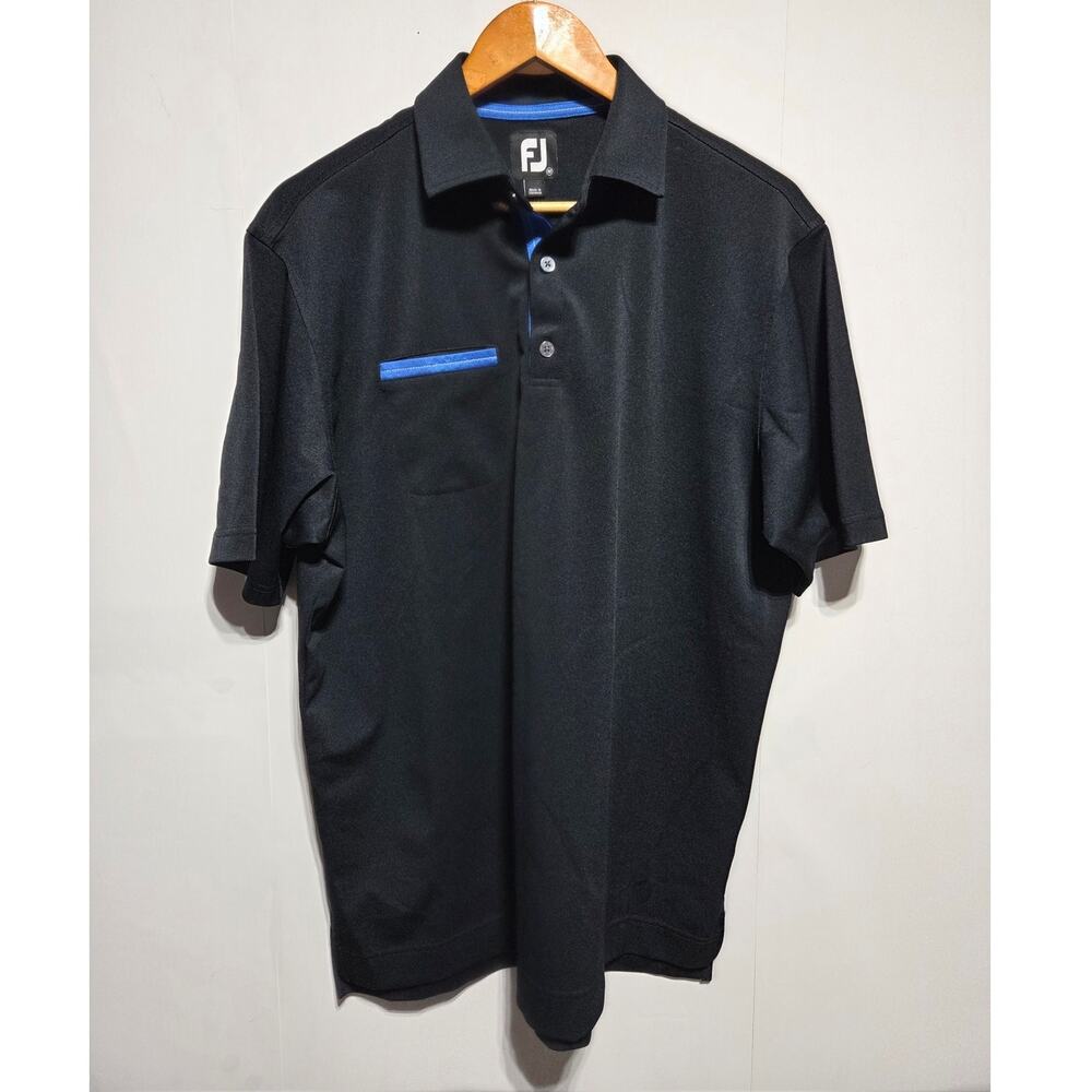 FootJoy Men's Black Lisle Faux Layer Golf Polo Shirt Black & Blue Size Medium